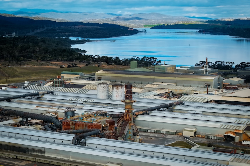 Aerial view of industrial buildings.