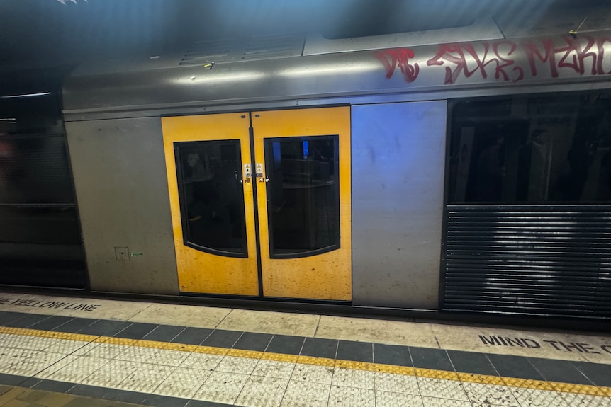 A train that is covered in graffiti. 