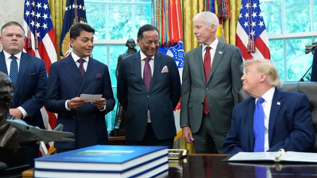 Mesabi Metallics Chairman Rewant Ruia speaks as President Donald Trump, from right, Energy Secretary Chris Wright, Essar Capital Director Prashant Ruia and Mesabi Metallics CEO Joe Broking listen in the Oval Office of the White House, Monday, Sept. 28, 2026, in Washington. (AP Photo)
