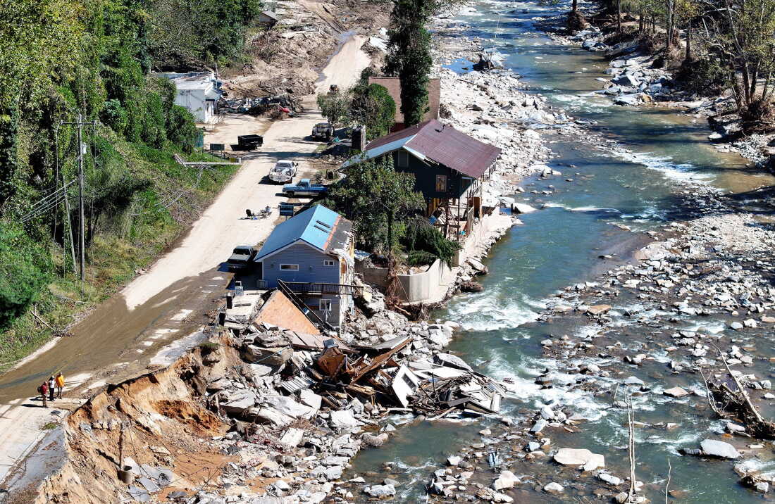 Flood damage from Hurricane Helene on October 8, 2024 in Bat Cave, N.C. 