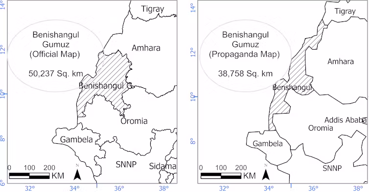 Two black and white maps side by side, a region shaded in that is different in the two maps