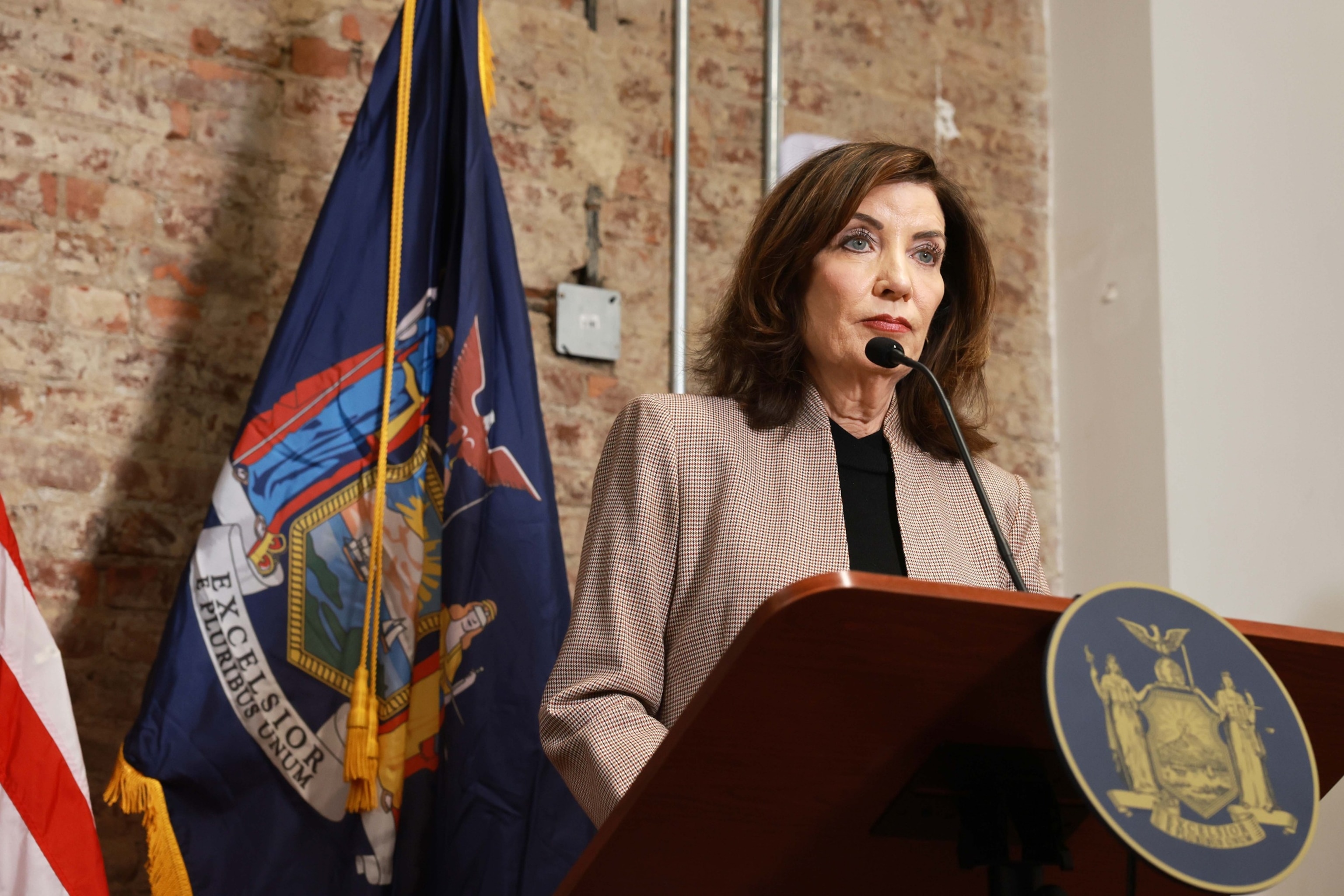 In this Feb. 10, 2026, file photo, New York Governor Kathy Hochul speaks to the media in New York.Spencer Platt/Getty Images, FILE