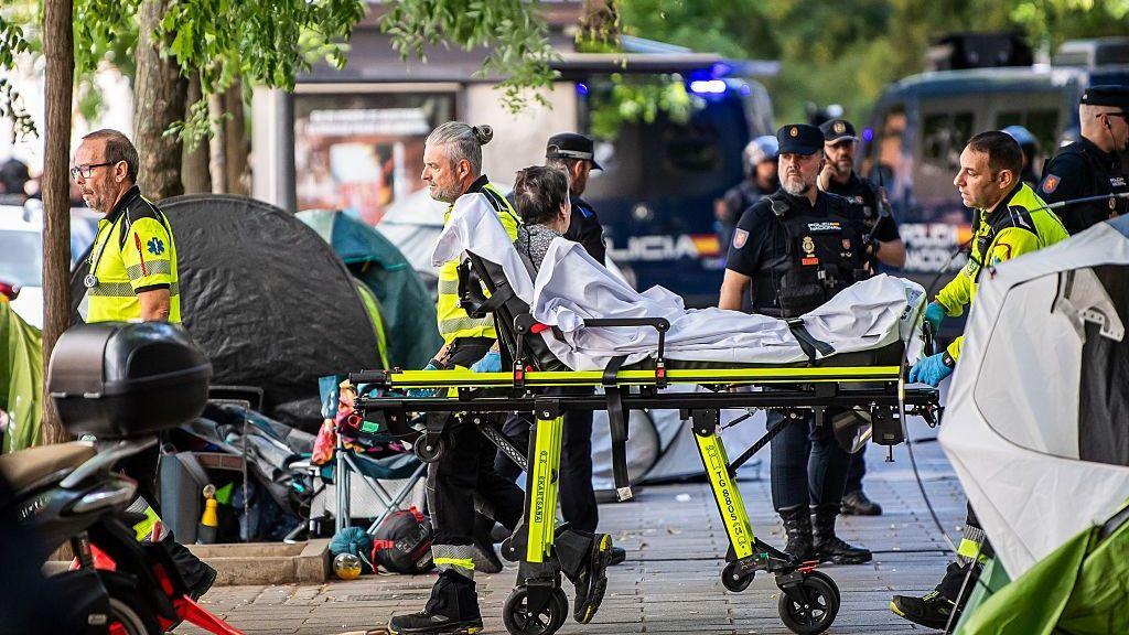 Maricarmen Abascal, an 87-year-old disabled woman is carried out of the building on a stretcher on September 23, 2026 in Madrid