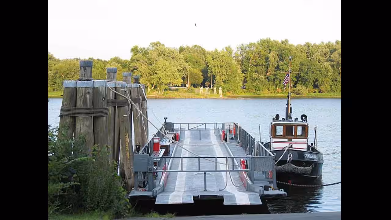 Rocky Hill-Glastonbury Ferry continues its historic Connecticut River service, carrying three cars at a time on a crossing that dates to 1655<br>