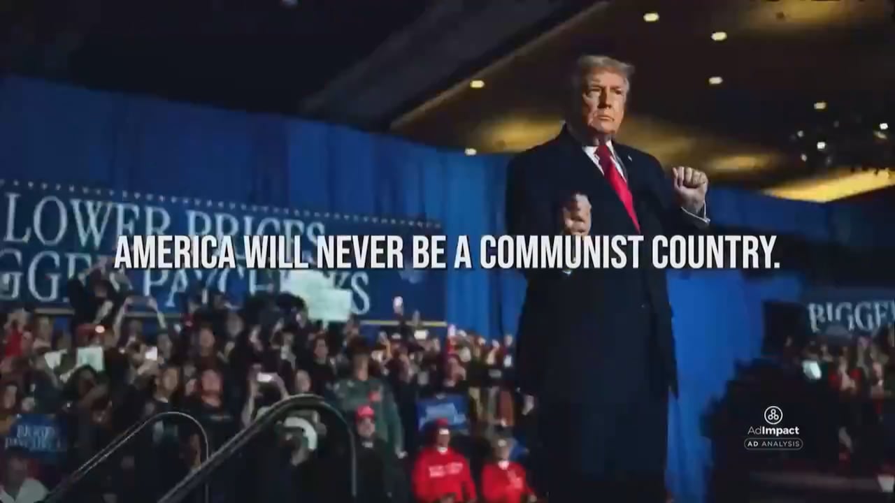 Donald Trump stands on a stage in front of a crowd at a rally, with the words 'America will never be a communist country' superimposed over him.