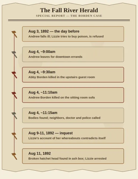AI generated faux newspaper styled timeline of the Lizzie Borden case
