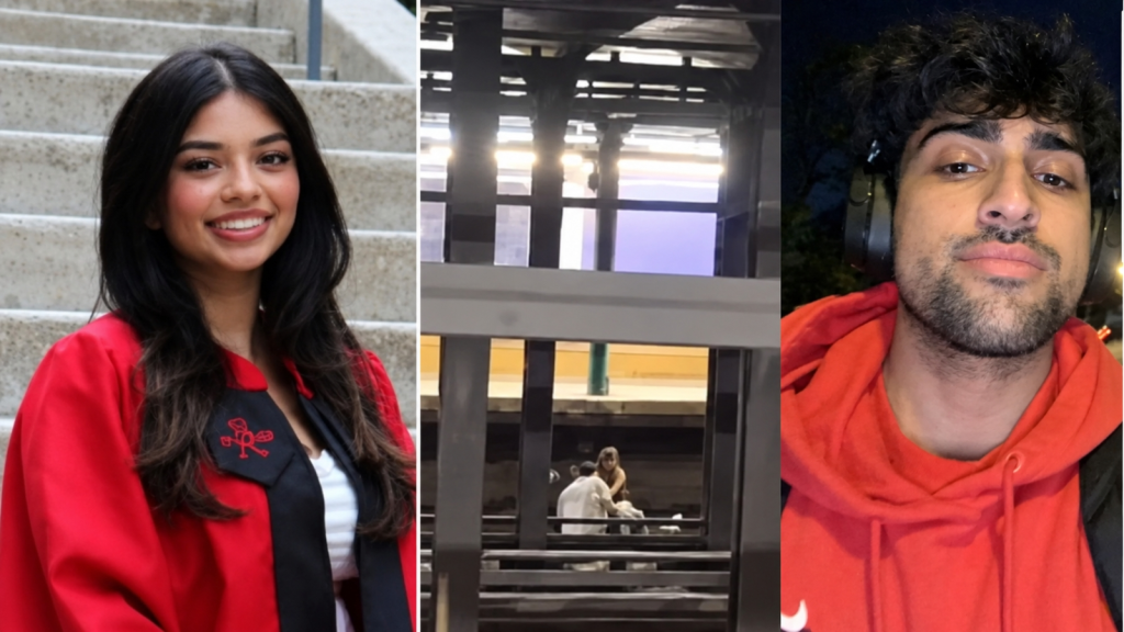 Viral video appeared to show Navam Kaul and Malaika Chitre (left) sitting calmly on the NYC subway tracks seconds before a train ran over them. (Photo: Malaika Chitre/LinkedIn/X/@nypmetro)