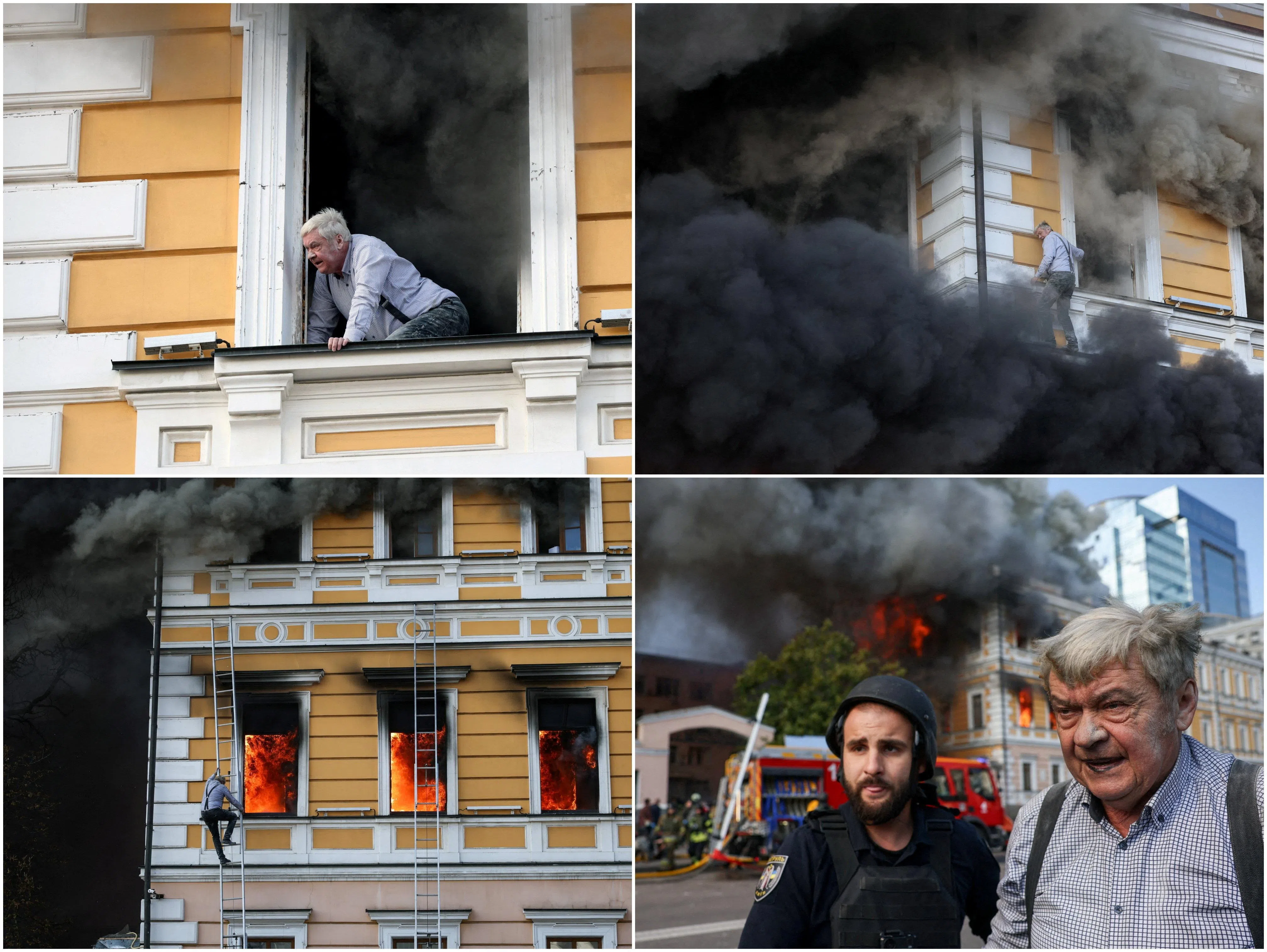 A combination picture shows a man climbing out of a window to escape from a burning building of the Ukrainian National Academy of Sciences, and being assisted by rescuers after evacuating, after the building was hit by a Russian jet-powered drone strike, amid Russia's attack on Ukraine, in Kyiv, Ukraine, September 28, 2026. REUTERS/Alina Smutko/Gleb Garanich/Thomas Peter     TPX IMAGES OF THE DAY