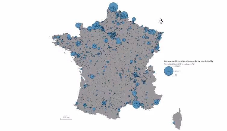 Montants des investissements industriels annoncés par commune, entre 2008 et 2025. Projet « Réindustrialisation, Transitions et Logistique dans la Vallée de la Seine », Fourni par l'auteur