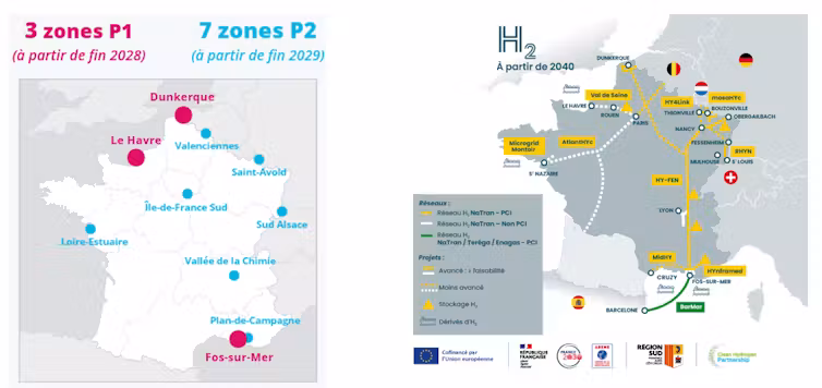 Zones prioritaires de déploiement des capacités électriques pour RTE et projet de réseau de distribution d’hydrogène de Natran. RTE, 2025 ; Natran, 2025, CC BY