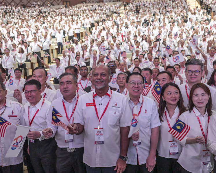 DAP leaders, including secretary-general Anthony Loke (front row, second from left), chairman Gobind Singh Deo (third from left) and deputy chairman Nga Kor Ming (left) at the party congress in Putrajaya on Aug 16, 2026. (Photo: CNA/Fadza Ishak)
