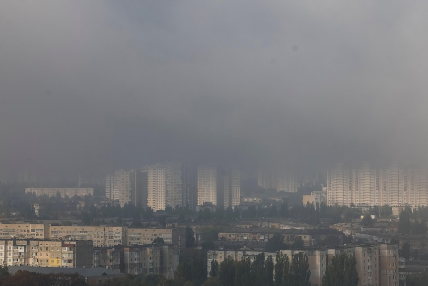 A smoke haze across the skyline of Kyiv.