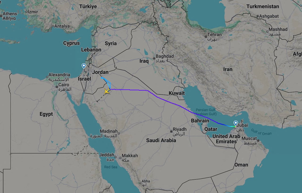 A screengrab of a map of the Middle East, showing a flight path from Dubai to Israel, with a diversion to Saudi Arabia.