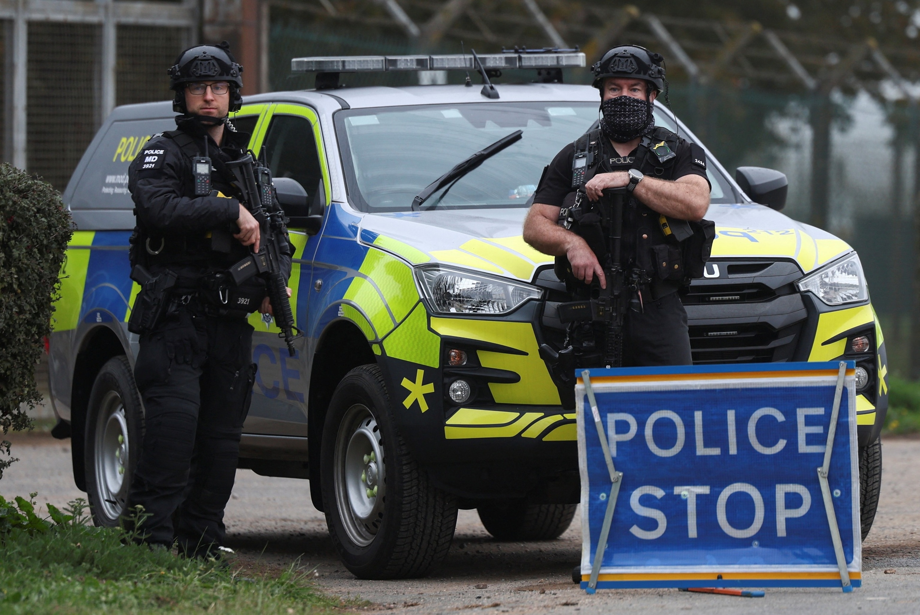 Police officers guard an area as roadblocks remain in place near RAF Fairford airbase in Fairford, Gloucestershire, U.K., on Sept. 29, 2026.Toby Shepheard/Reuters