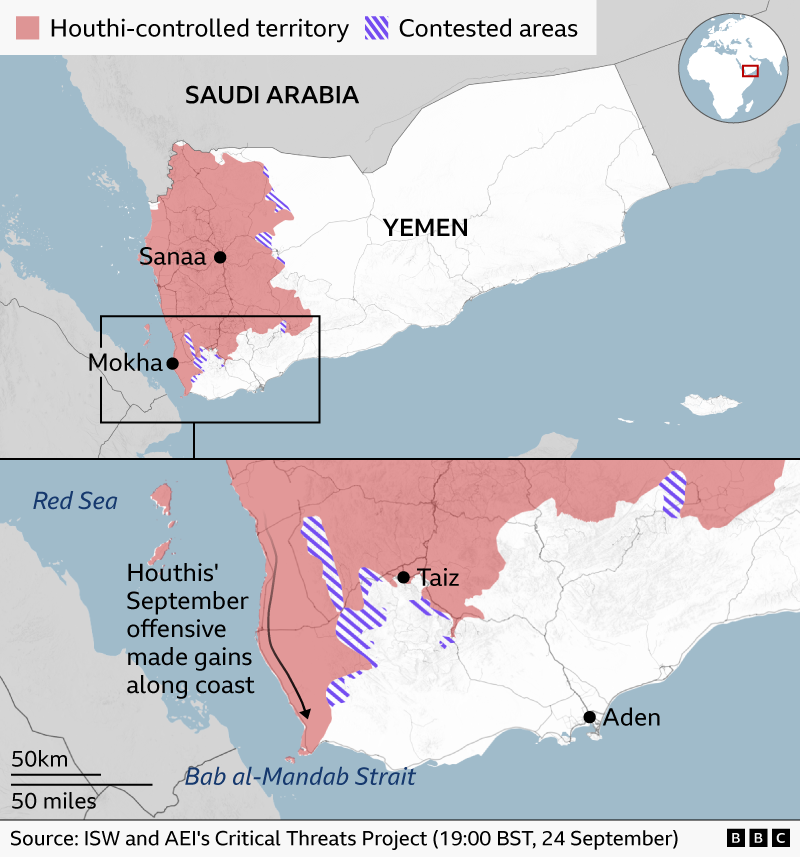 Two-panel map of Yemen showing Houthi-controlled territory and contested areas on 24 September. Houthi-controlled territory, shaded pink, covers much of western Yemen including Sanaa and extends south along the Red Sea coast towards the Bab al-Mandab Strait. Purple-striped areas mark contested territory around the boundaries of Houthi control. The enlarged lower map highlights gains made by a Houthi offensive along the southwest coast in September, with Taiz shown on the front line. An inset glo