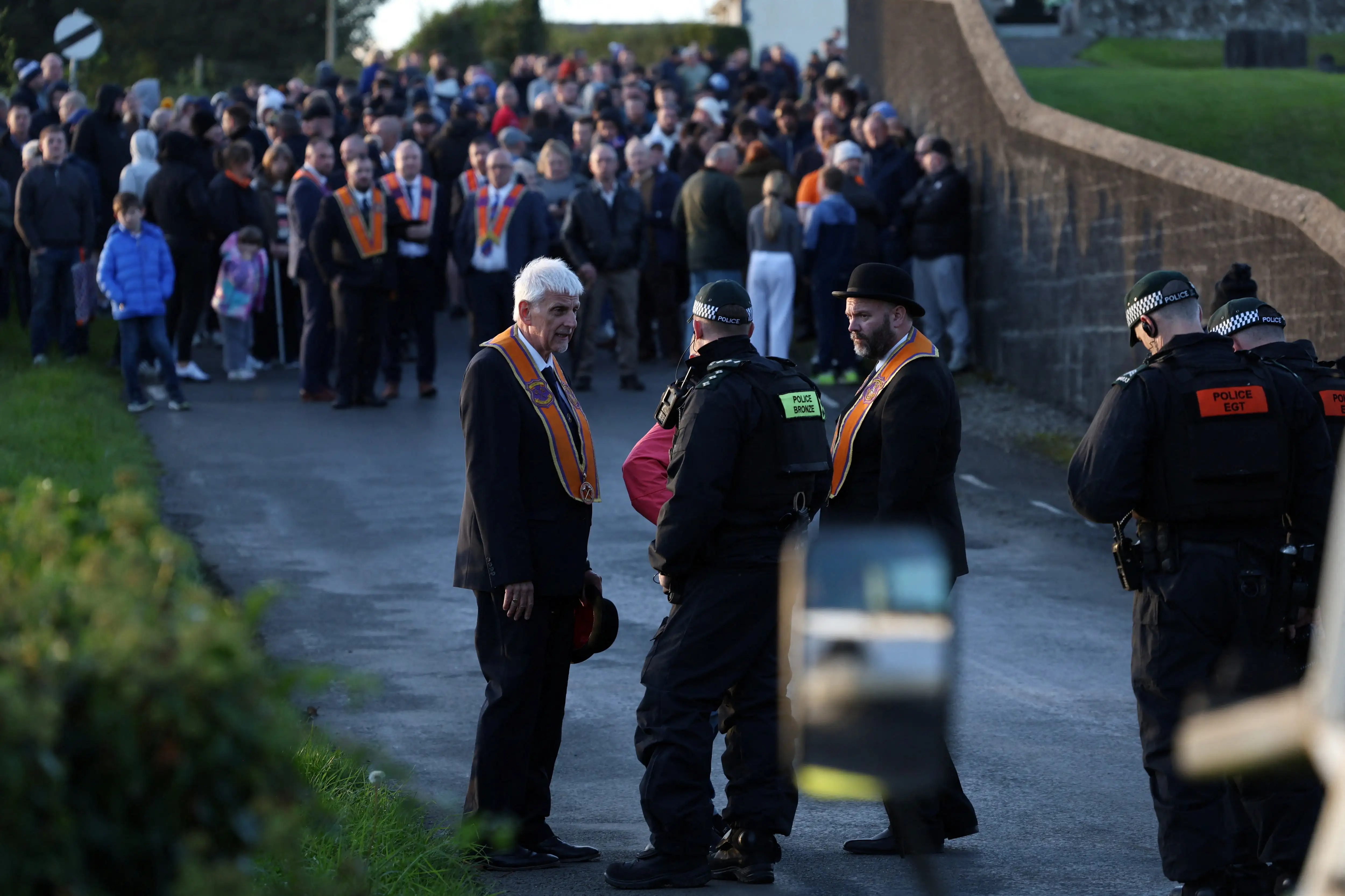 People protest on the Garvaghy Road, a Catholic enclave in the largely Protestant town of Portadown, against the Protestant Orange Order's annual Drumcree parade
