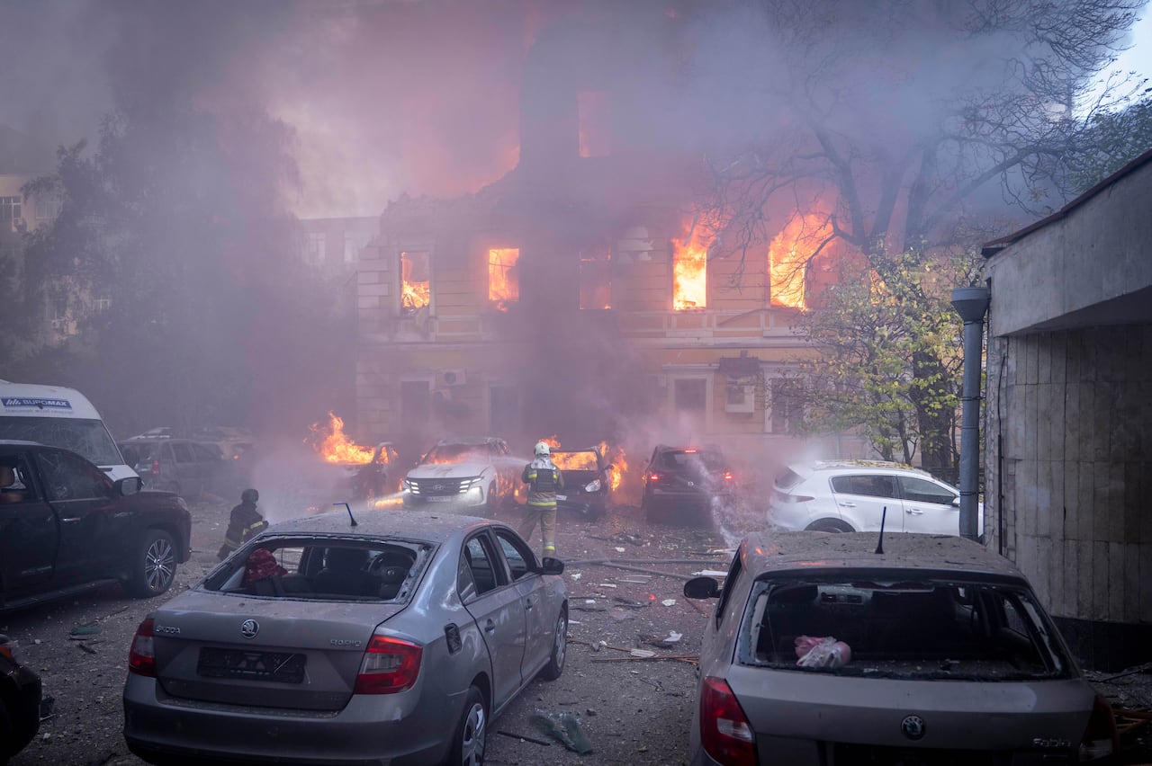 Ukraine's National Academy of Sciences building burns in Kyiv after a Russian drone strike.