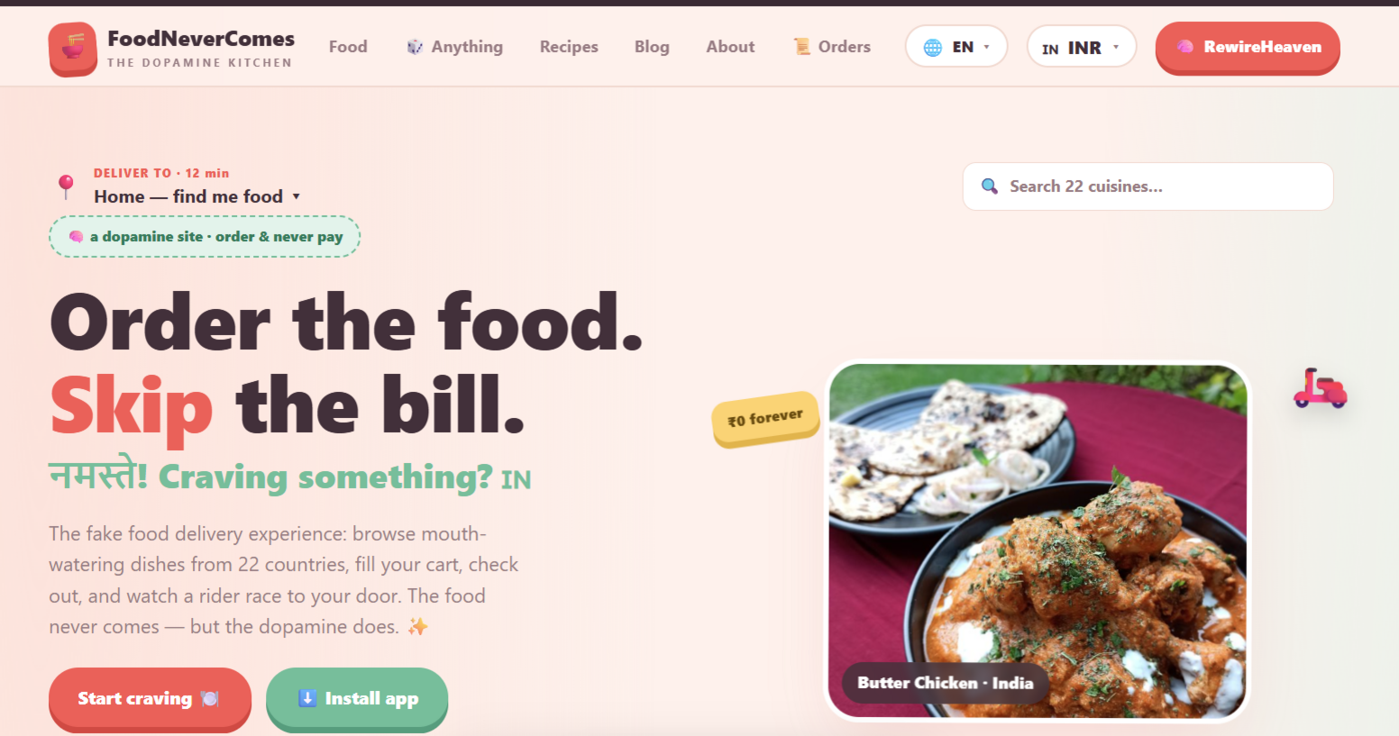 The landing page of FoodNeverComes' website, asking people to order the food but "skip the bill"