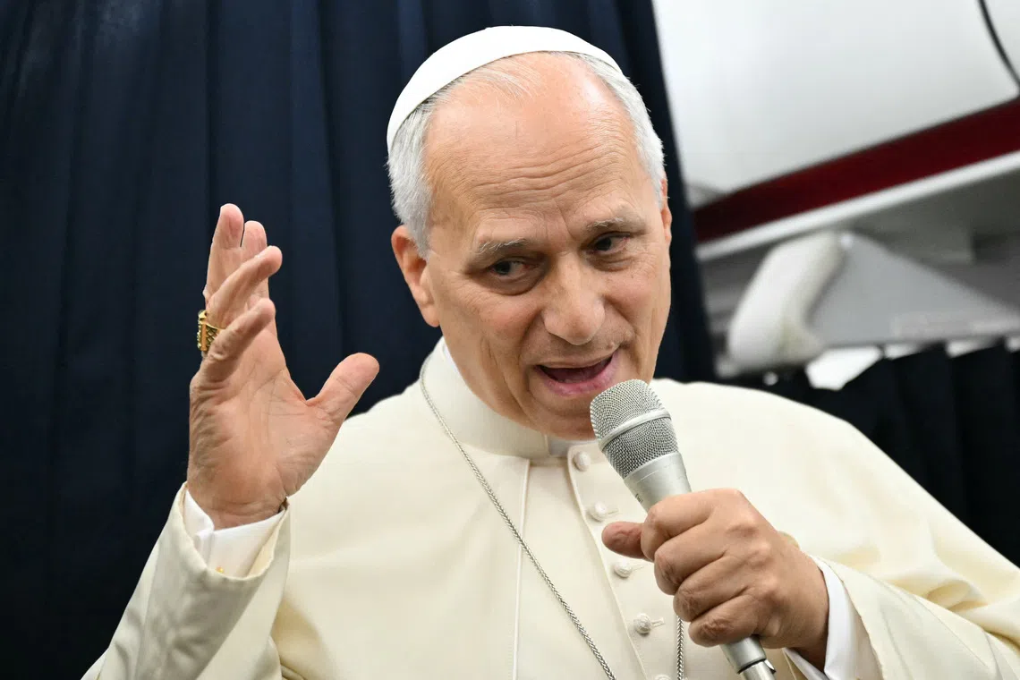 Pope Leo gives a press conference with accredited journalists on the return flight from France, September 28, 2026.