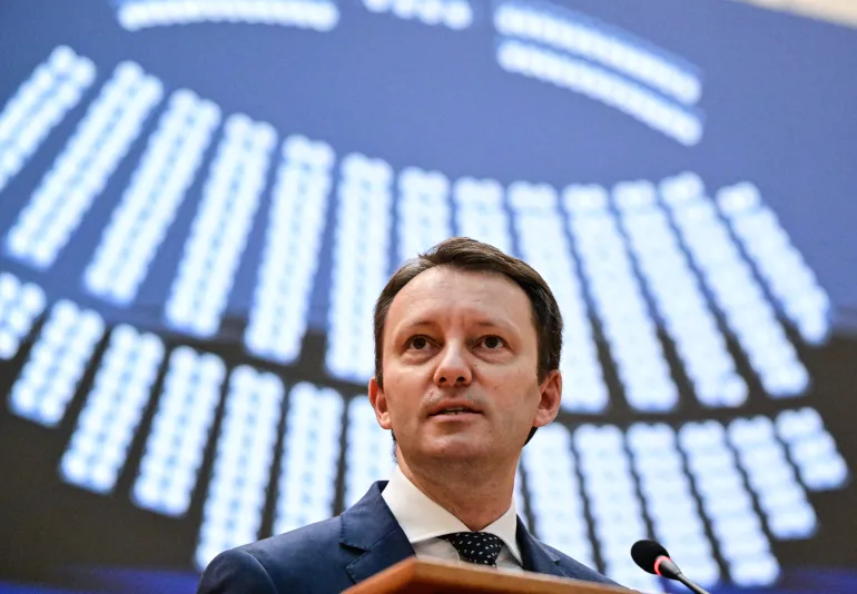 Nominee for prime minister Siegfried Muresan addresses delegates of the Romanian Parliament prior to a vote at the parliament in Bucharest, Romania, on September 30, 2026.