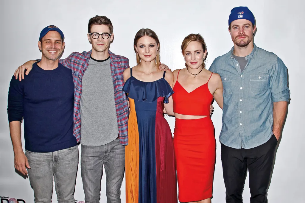 Greg Berlanti with his “Arrowverse” stars Grant Gustin, Melissa Benoist, Caity Lotz and Stephen Amell in 2016. FilmMagic