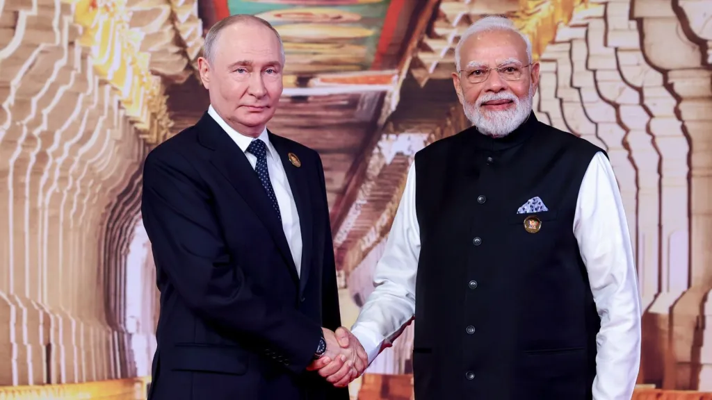 Prime Minister Narendra Modi receives Russian President Vladimir Putin before the 18th BRICS Summit, at the Bharat Mandapam, in New Delhi. (PMO via PTI Photo)