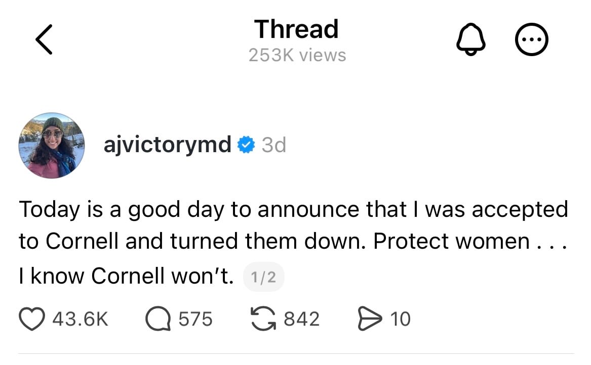 A social media post that says today is a good day to announce that I was accepted to Cornell and turned them down.