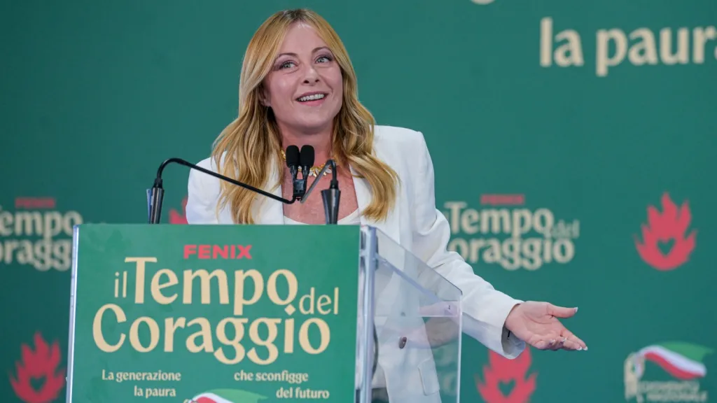 Italy's Prime Minister Giorgia Meloni attends at Fenix, the FdI youth festival, in Rome, Sunday