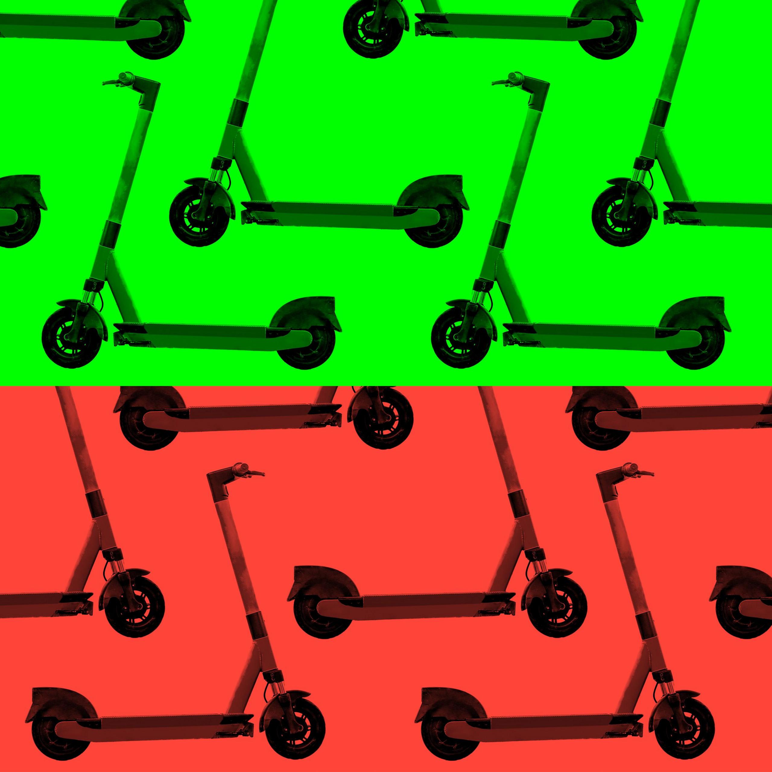 Montage image showing a collage of e-scooters, all seen from the side. In the top half of the image, the e-scooters have a green background and are facing to the left. At the bottom they have a red background and are facing to the right.