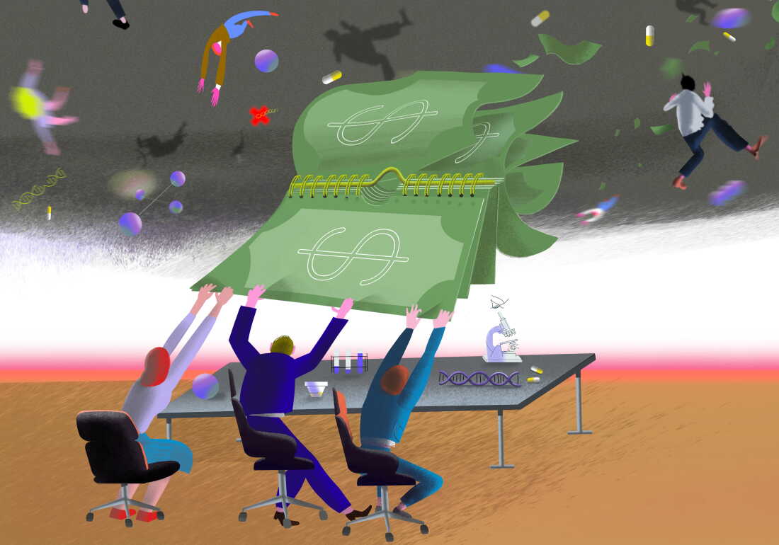 This illustration shows three people sitting at a conference table that has a microscope, test tubes, medicine capsules and a DNA double helix on it. The three people are reaching up with their hands to hold onto a large spiral-bound pack of stylized dollar bills that appears to be blowing away in the wind.