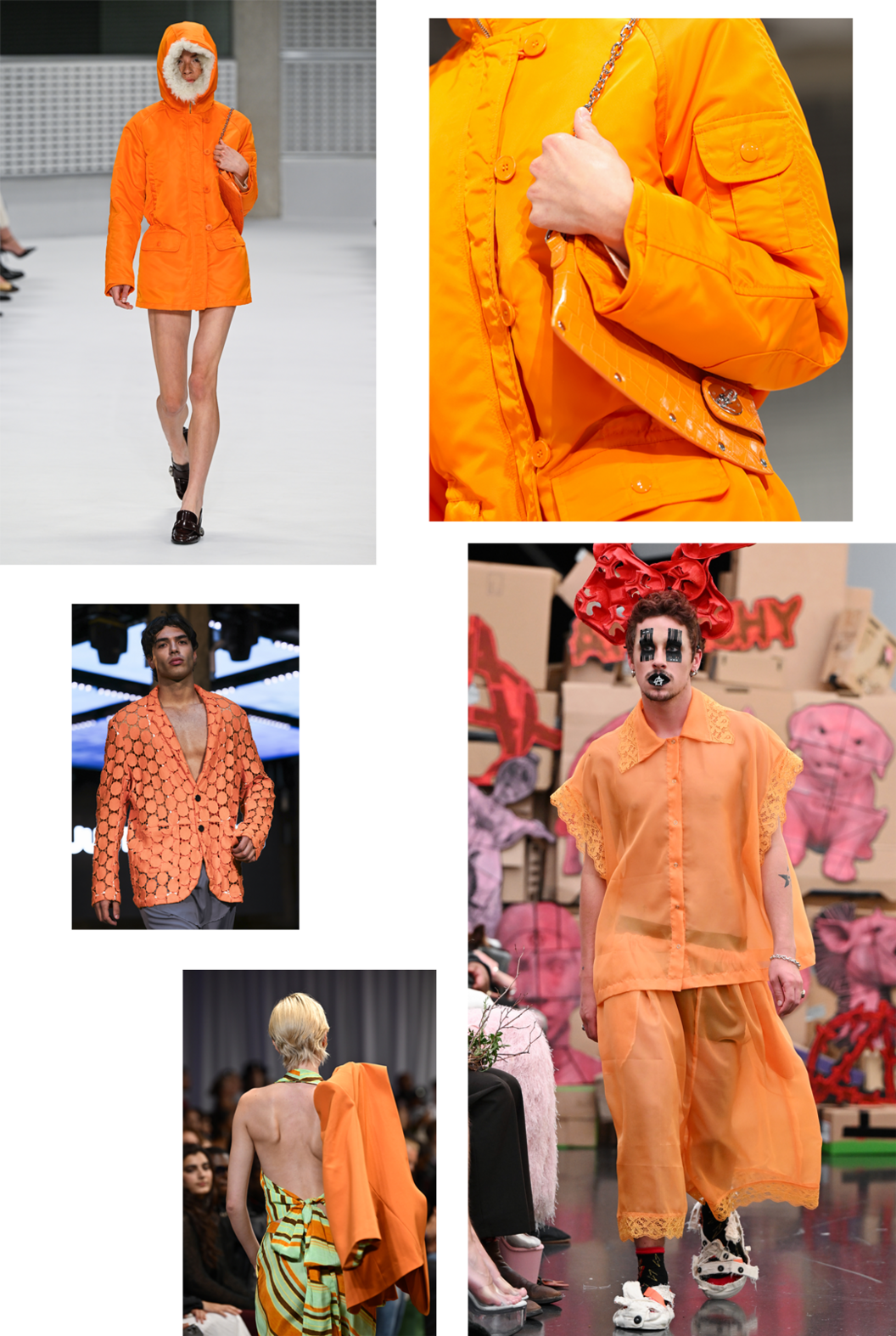 Composite of images during London Fashion Week September 2026. Models on  the runway at the Mulberry,  Justin Cassin, Enny Atelier Fashion Scout Ones-To-Watch and the Vin + Omi "Anarchy" shows. They all wear orange jackets and trousers.