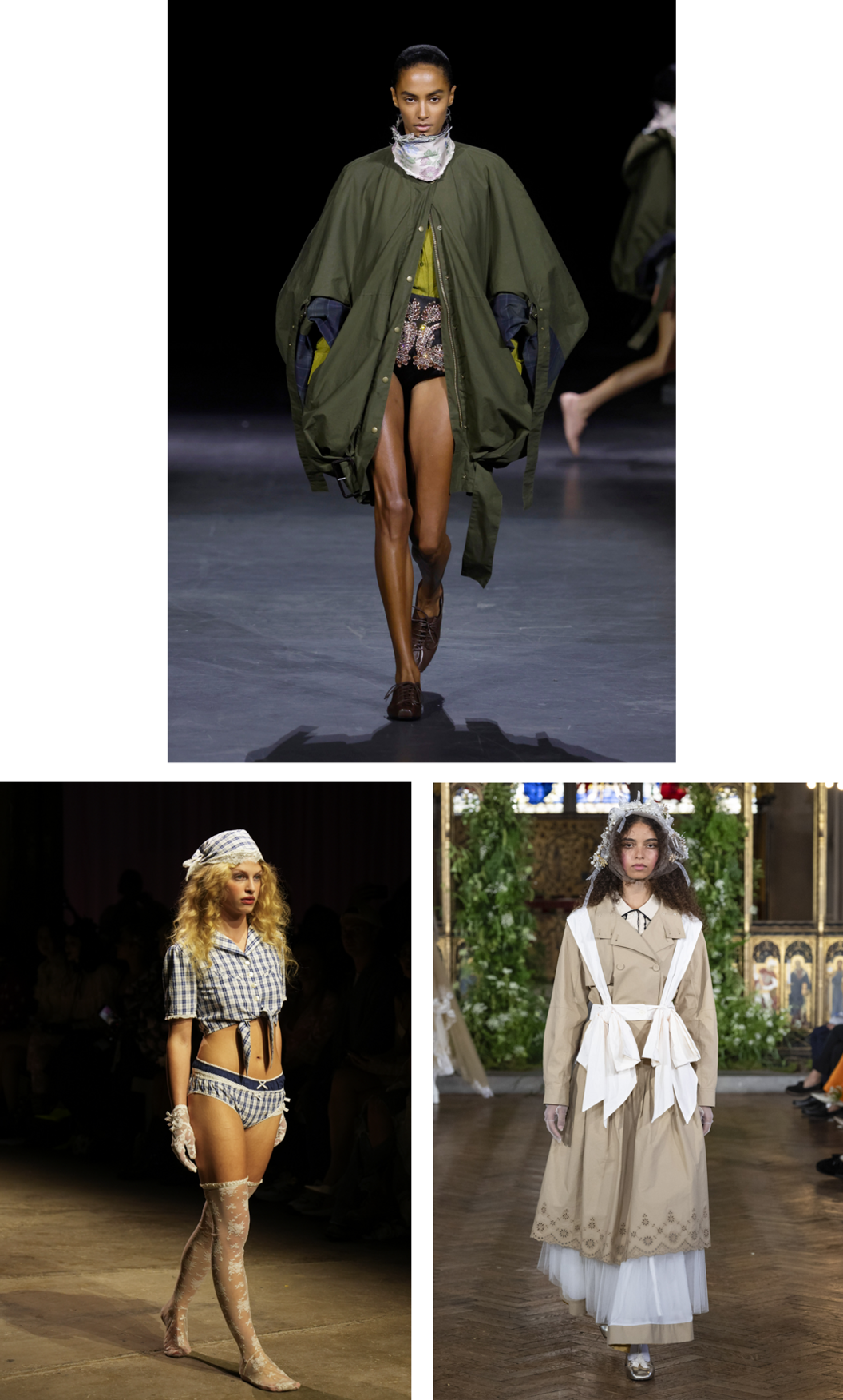 Models walk the runway at the Erdem, Yuhan Wang and Bora Aksu shows at London Fashion Week SS27. The top image features a khaki parka, bottom left is cropped top and pants in gingham with a matching bandana, and bottom right is a Victorian-style long beige dress with headscarf.