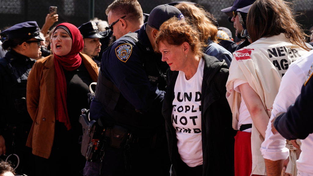 Susan Sarandon, center, and other demonstrators are arrested ahead of Israeli Prime Minister Benjamin Netanyahus address at the 81st session of the United Nations General Assembly, Thursday, September 24, 2026, in New York. (AP Photo)