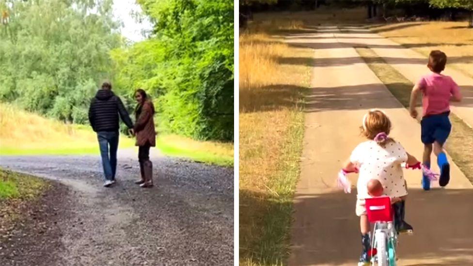 Composite image of Harry and Meghan walking along a country path. He has his back to the camera as she turns to face it. They are holding hands. On the right hand side, Lilibet rides a bike with a red seat on the back carrying a doll, while Archie runs ahead of her. 