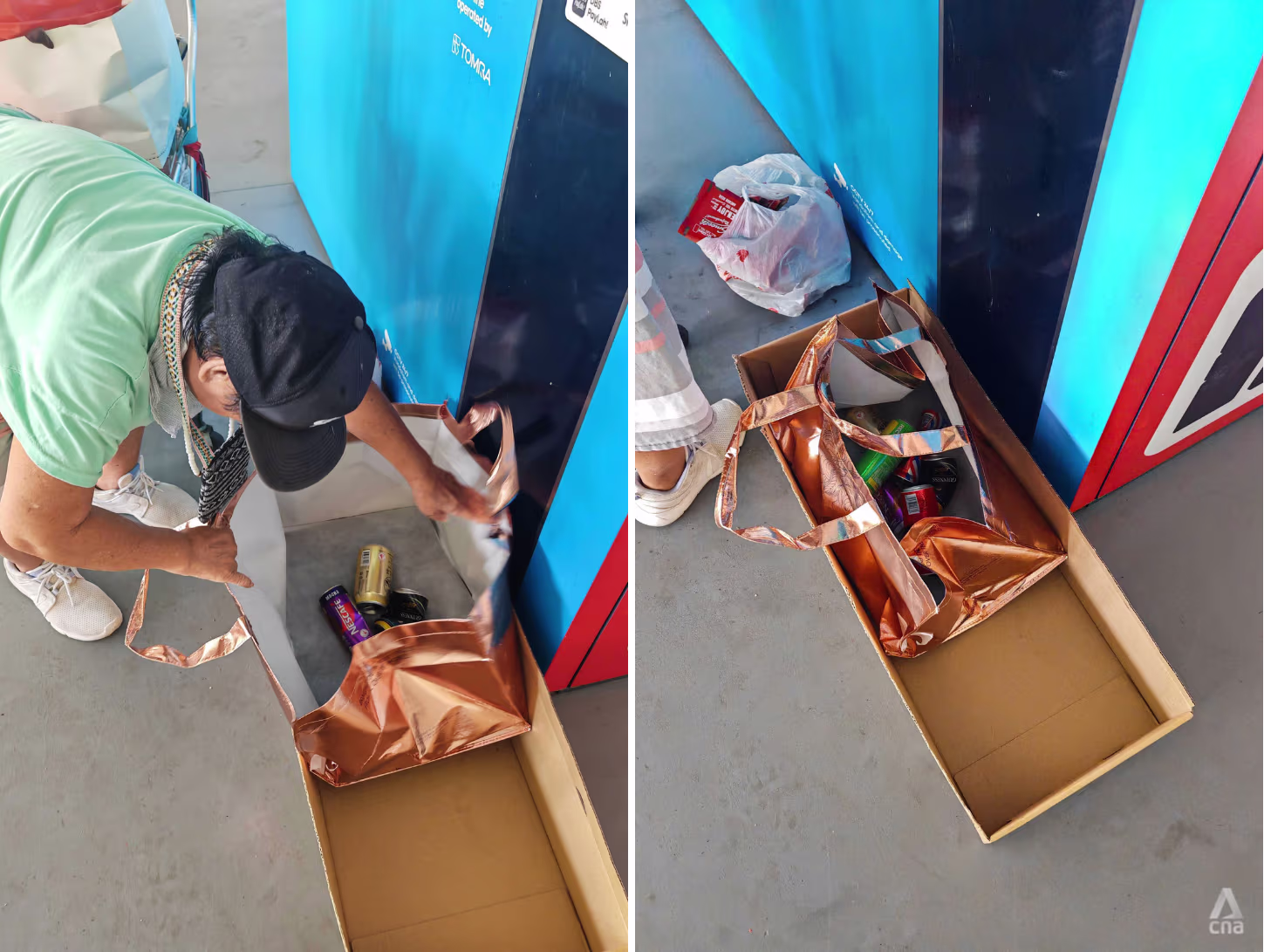 Mdm Tan Mui Sng puts a bag and cardboard box at the foot of the reverse vending machine to collect beverage containers that are rejected. About half of the containers she tries to return on Sep 17, 2026, are not accepted for various reasons. (Photo: CNA/Koh Wan Ting)
